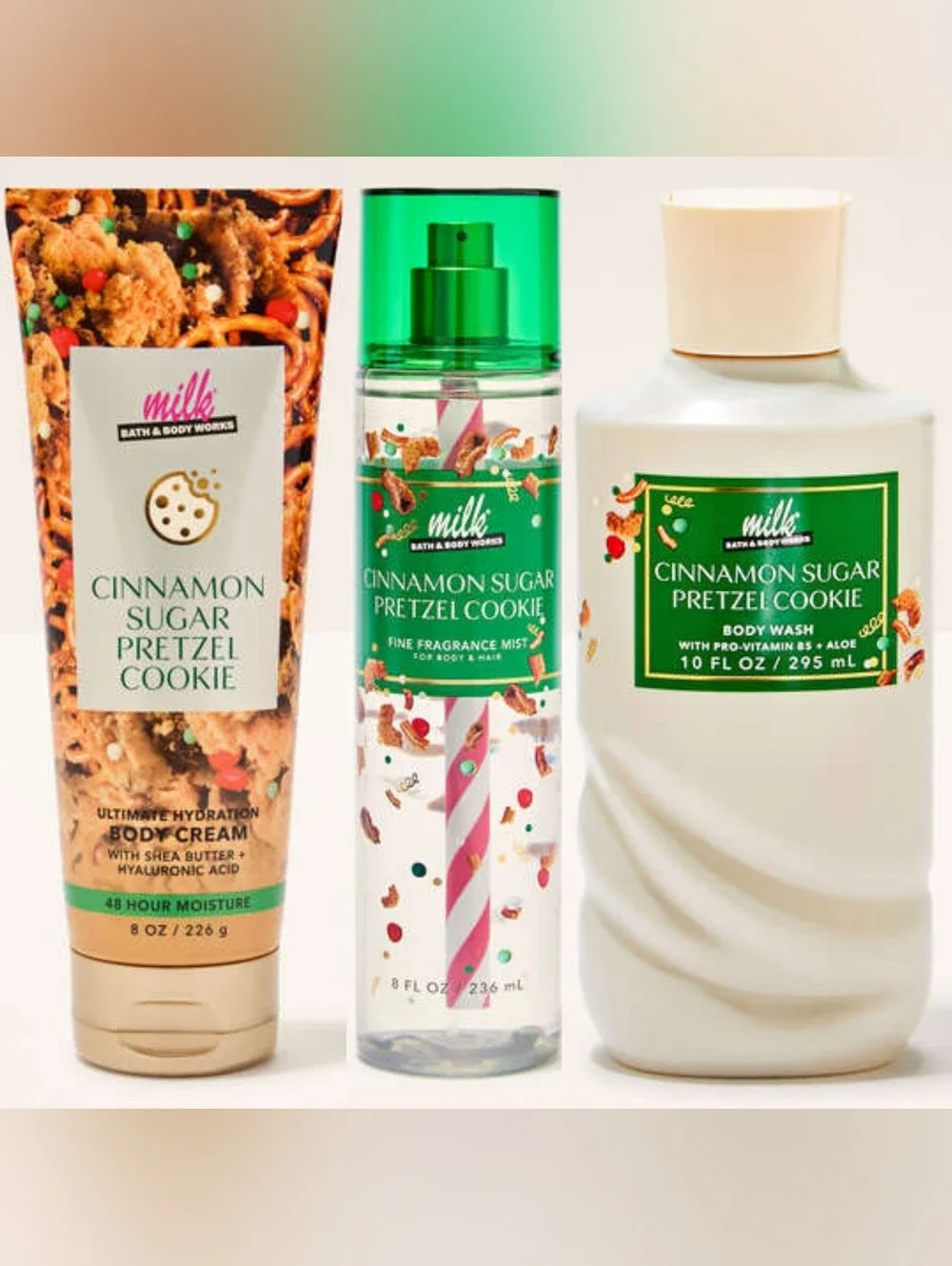 Bath & Body Works Cinnamon Sugar Pretzel Cookie 3pc Body Wash, Cream & Mist Set